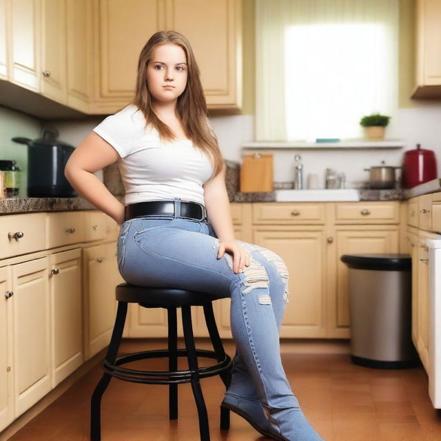 A real photo of a 14-year-old curvy Caucasian girl wearing ripped tight jeans with a belt, sitting on a chair in a kitchen