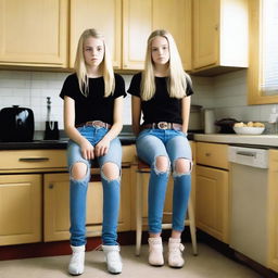 A real photo of two 14-year-old blond girls wearing ripped tight jeans with belts, sitting on chairs in a kitchen