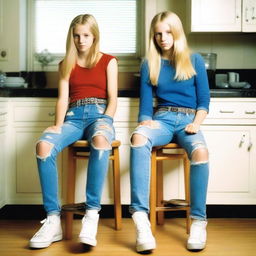 A real photo of two 14-year-old blond girls wearing ripped tight jeans with belts, sitting on chairs in a kitchen