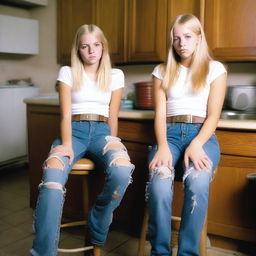 A real photo of two 14-year-old blond girls wearing ripped tight jeans with belts, sitting on chairs in a kitchen