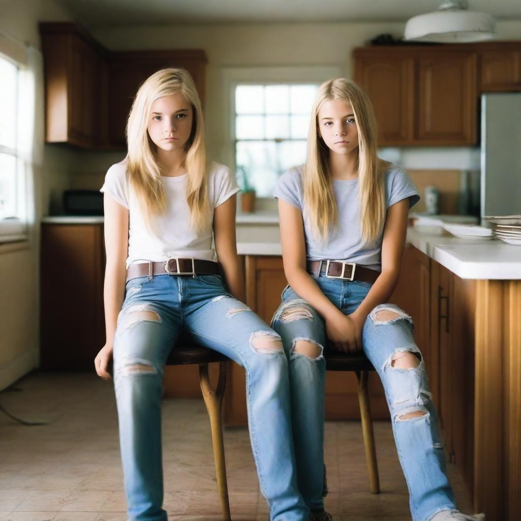 A real photo of two 14-year-old blond girls wearing ripped tight jeans with belts, sitting on chairs in a kitchen