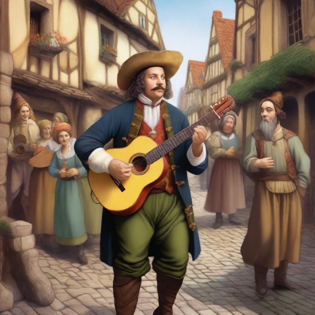 A detailed and colorful illustration of a bard playing a lute, dressed in medieval attire with a feathered hat, standing on a cobblestone street in a quaint village