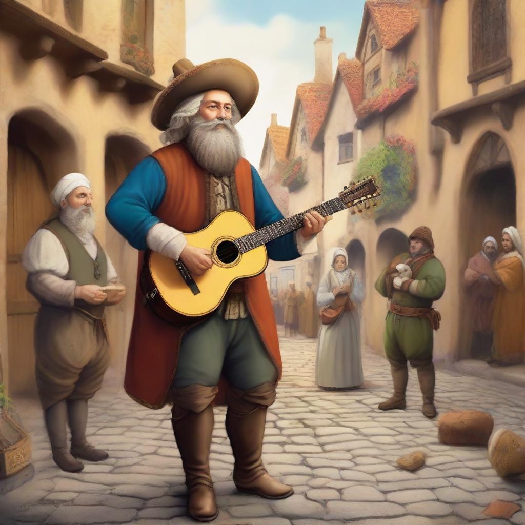 A detailed and colorful illustration of a bard playing a lute, dressed in medieval attire with a feathered hat, standing on a cobblestone street in a quaint village