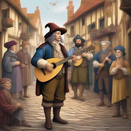 A detailed and colorful illustration of a bard playing a lute, dressed in medieval attire with a feathered hat, standing on a cobblestone street in a quaint village