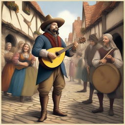 A detailed and colorful illustration of a bard playing a lute, dressed in medieval attire with a feathered hat, standing on a cobblestone street in a quaint village