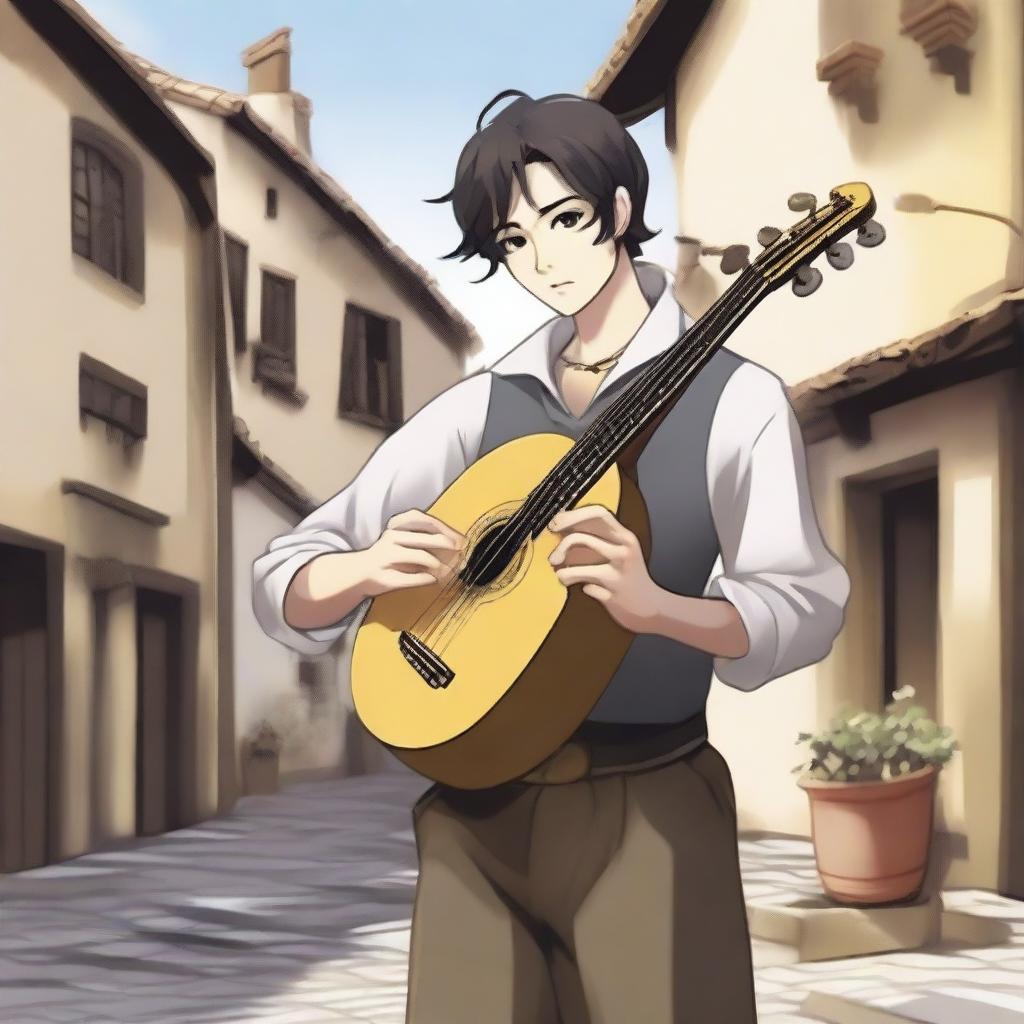 A detailed illustration of a male bard with short black hair, black eyes, and yellow-white skin