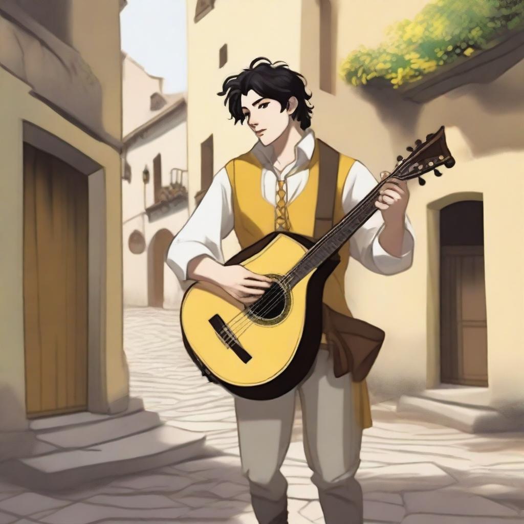 A detailed illustration of a male bard with short black hair, black eyes, and yellow-white skin