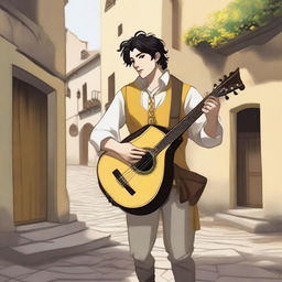 A detailed illustration of a male bard with short black hair, black eyes, and yellow-white skin