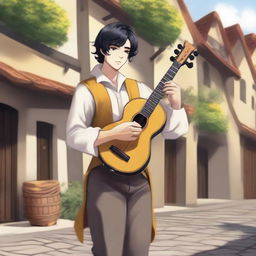 A detailed illustration of a male bard with short black hair, black eyes, and yellow-white skin