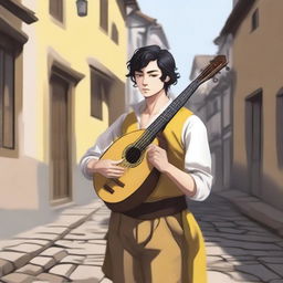 A detailed illustration of a male bard with short black hair, black eyes, and yellow-white skin