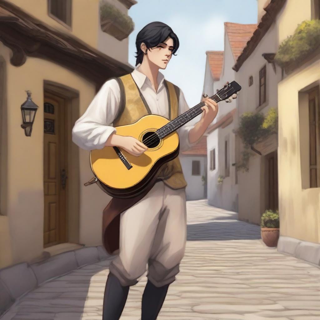 A detailed illustration of a young male bard with short black hair, black eyes, and yellow-white skin