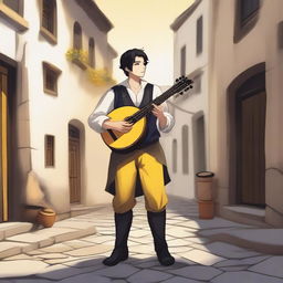 A detailed illustration of a young male bard with short black hair, black eyes, and yellow-white skin