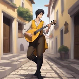 A detailed illustration of a young male bard with short black hair, black eyes, and yellow-white skin