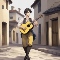 A detailed illustration of a young male bard with short black hair, black eyes, and yellow-white skin