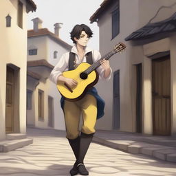 A detailed illustration of a young male bard with short black hair, black eyes, and yellow-white skin