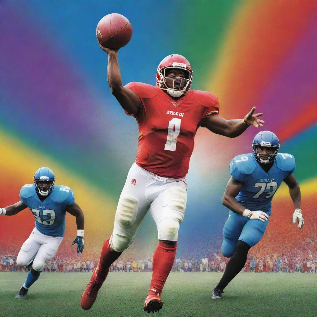 An action-packed football poster with vibrant colors highlighting players' dynamic moves, cheering crowd, and a striking ball in mid-air. Add a large, bold title of a fictional football match.