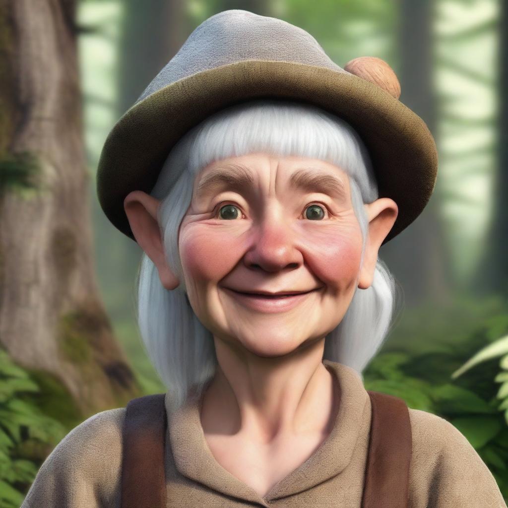 A realistic depiction of a 151-year-old female forest gnome farmer