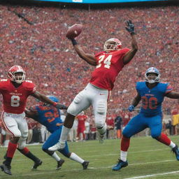 An action-packed football poster with vibrant colors highlighting players' dynamic moves, cheering crowd, and a striking ball in mid-air. Add a large, bold title of a fictional football match.