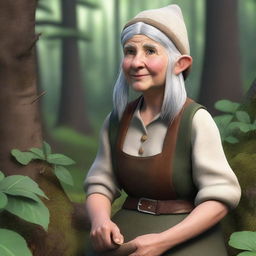 A realistic depiction of a 151-year-old female forest gnome farmer