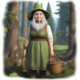 A realistic depiction of a 151-year-old female forest gnome farmer