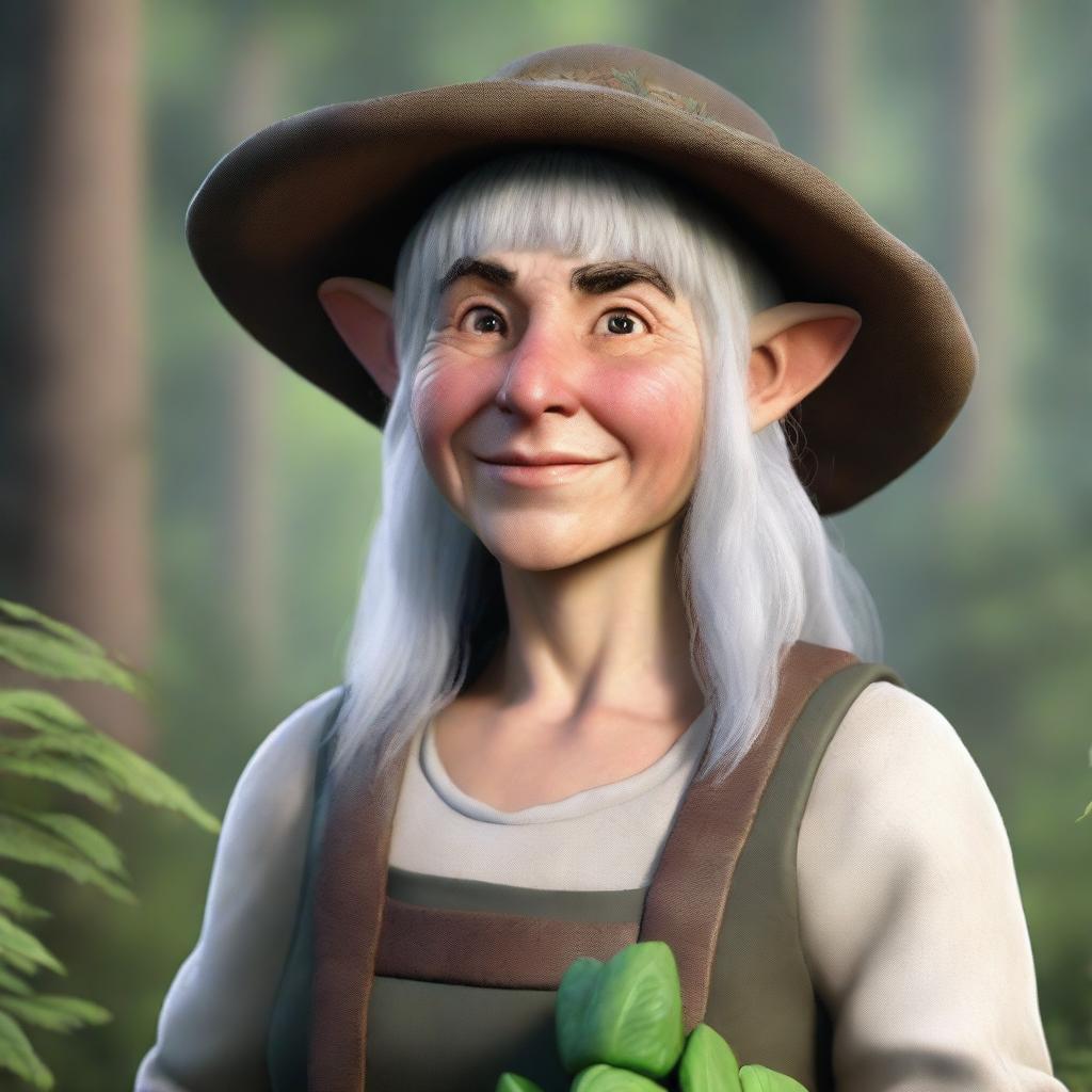 A realistic depiction of a female forest gnome farmer