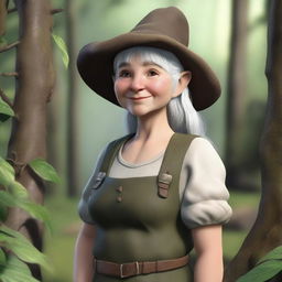 A realistic depiction of a female forest gnome farmer