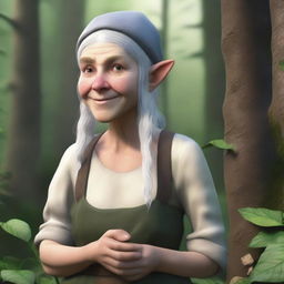 A realistic depiction of a female forest gnome farmer