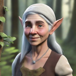 A realistic depiction of a female forest gnome farmer