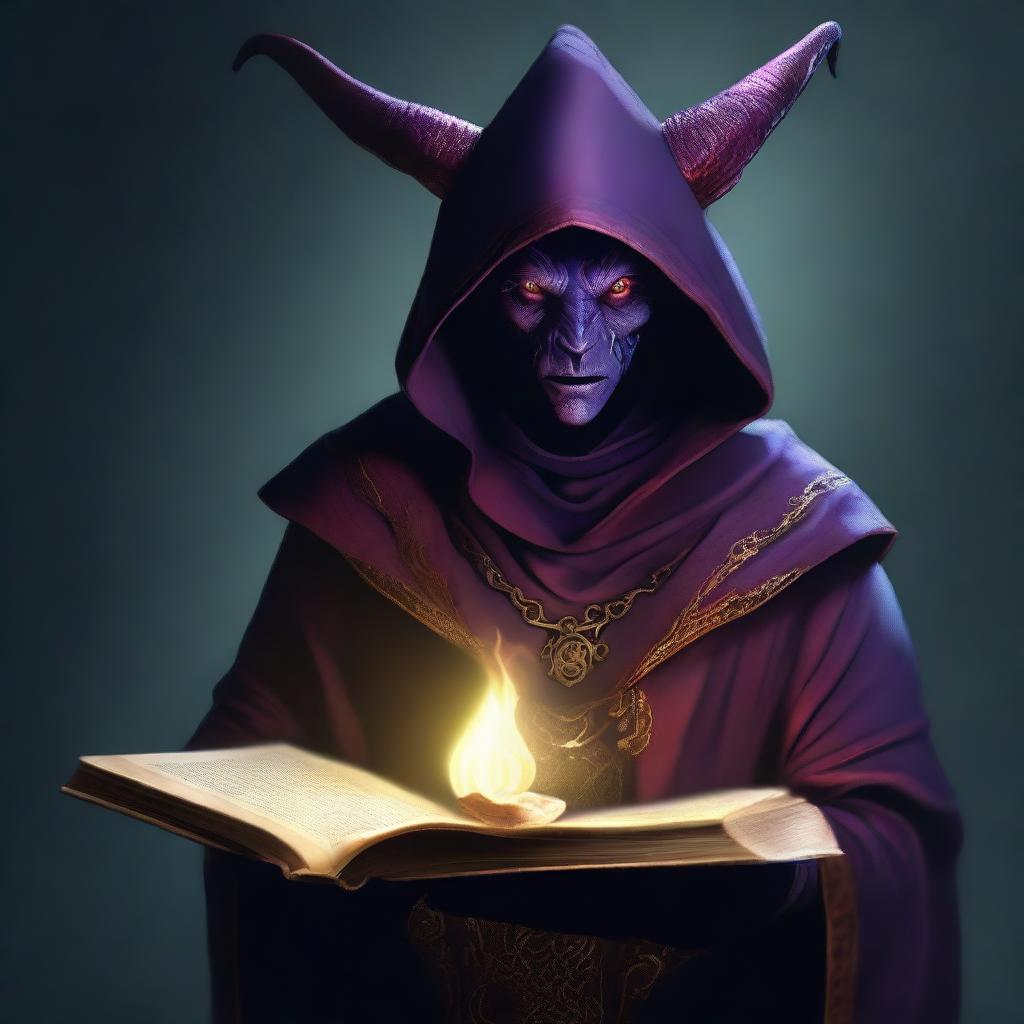 A male tiefling warlock holding a book, with small horns and his hood on