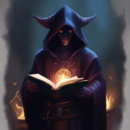 A male tiefling warlock holding a book, with small horns and his hood on