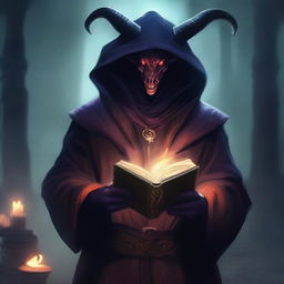 A male tiefling warlock holding a book, with small horns and his hood on