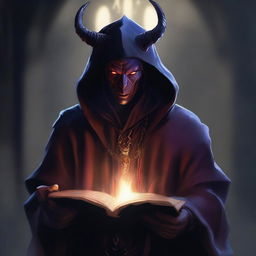 A male tiefling warlock holding a book, with small horns and his hood on