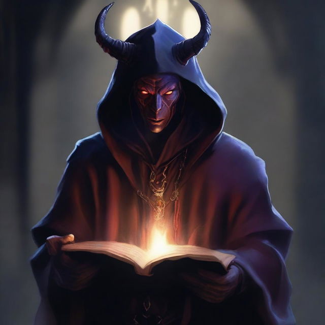 A male tiefling warlock holding a book, with small horns and his hood on