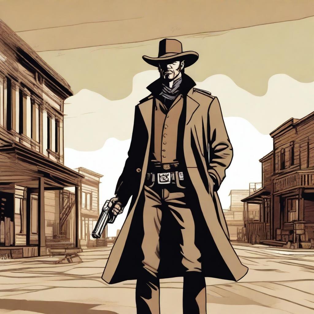 A male human gunslinger with a bionic arm and a large trench coat