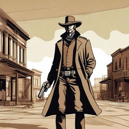 A male human gunslinger with a bionic arm and a large trench coat