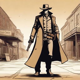 A male human gunslinger with a bionic arm and a large trench coat