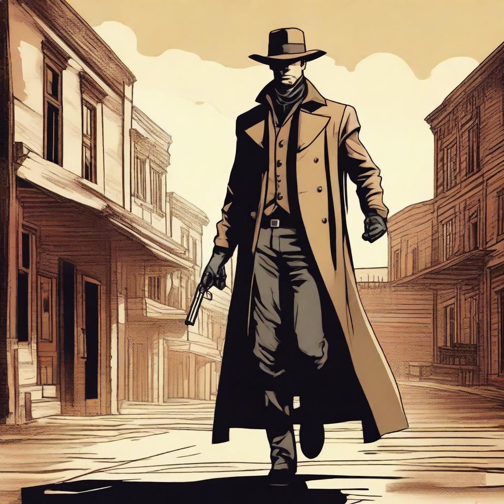 A male human gunslinger with a bionic arm and a large trench coat