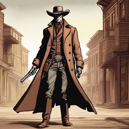 A male human gunslinger with a bionic arm and a large trench coat