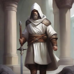 A realistic illustration of a Dungeons and Dragons character, a young dwarf in white temple robes carrying a long sword that is somewhat worn but looks like a relic