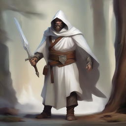 A realistic illustration of a Dungeons and Dragons character, a young dwarf in white temple robes carrying a long sword that is somewhat worn but looks like a relic