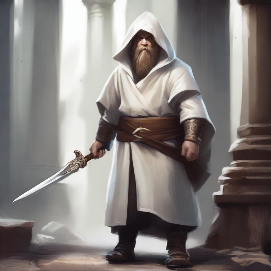 A realistic illustration of a Dungeons and Dragons character, a young dwarf in white temple robes carrying a long sword that is somewhat worn but looks like a relic