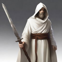 A realistic illustration of a Dungeons and Dragons character, a young dwarf in white temple robes carrying a long sword that is somewhat worn but looks like a relic