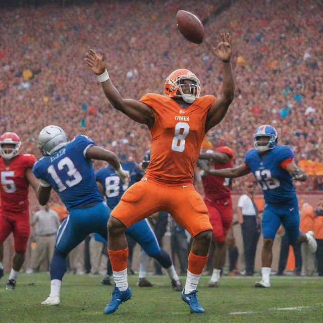 An action-packed football poster with vibrant colors highlighting players' dynamic moves, cheering crowd, and a striking ball in mid-air. Add a large, bold title of a fictional football match.