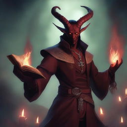 A male Tiefling Warlock, with dark red skin and curved horns, is casting the spell 'find familiar' from his ancient book of secrets