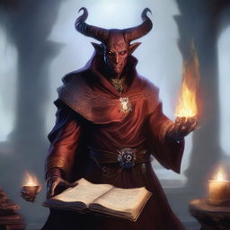 A male Tiefling Warlock, with dark red skin and curved horns, is casting the spell 'find familiar' from his ancient book of secrets