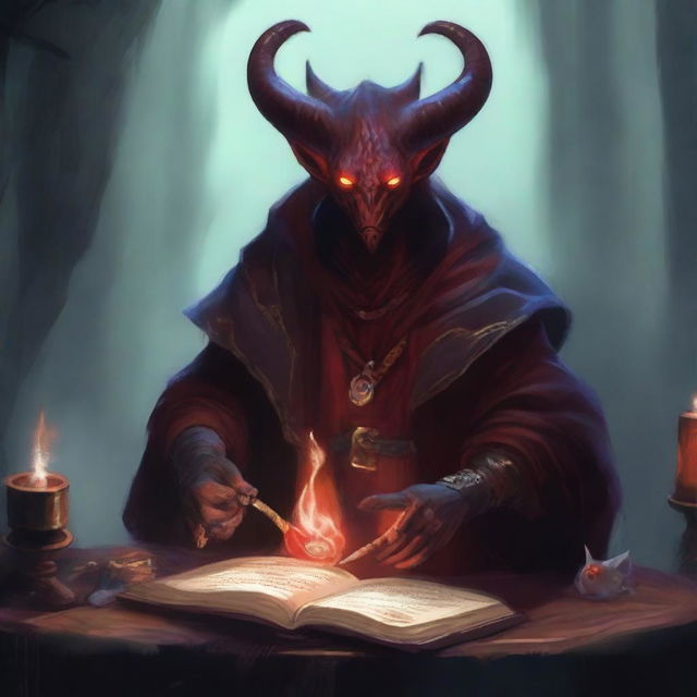 A male Tiefling Warlock, with dark red skin and curved horns, is casting the spell 'find familiar' from his ancient book of secrets