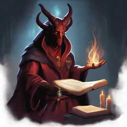 A male Tiefling Warlock, with dark red skin and curved horns, is casting the spell 'find familiar' from his ancient book of secrets