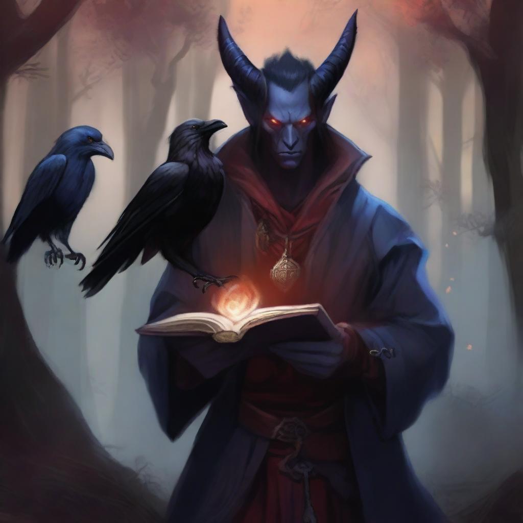 A male tiefling Warlock is depicted holding an ancient, magical book in one hand while a pet raven perches on his other arm