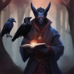 A male tiefling Warlock is depicted holding an ancient, magical book in one hand while a pet raven perches on his other arm