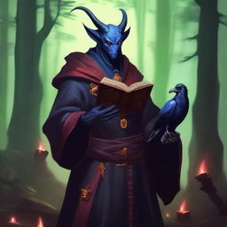 A male tiefling Warlock is depicted holding an ancient, magical book in one hand while a pet raven perches on his other arm